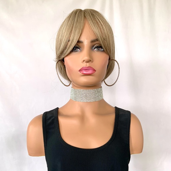 Long Ash Blonde Curling Iron Safe Fiber Wig with Bangs/Effortless Style - Picture 8 of 15